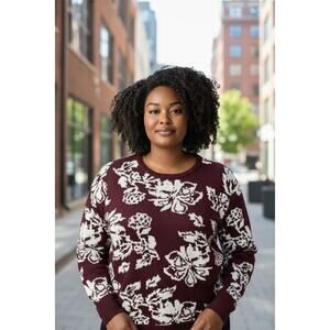 Lane Bryant Women's Plus Size Burgundy + White Floral Knit Sweater Size 14/16